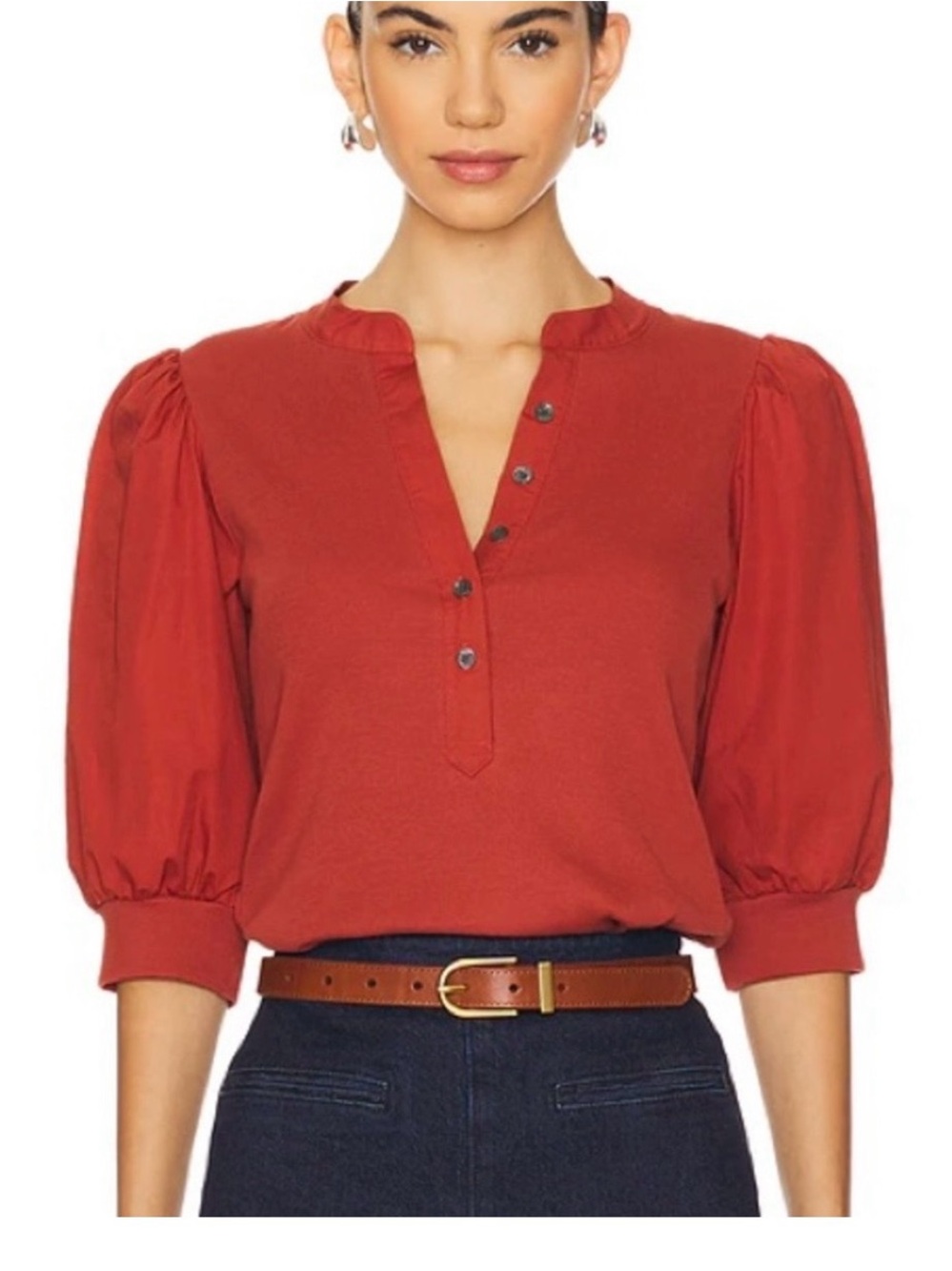 Veronica Beard Brick Red Coralee Puff-Sleeve Button-Down Top